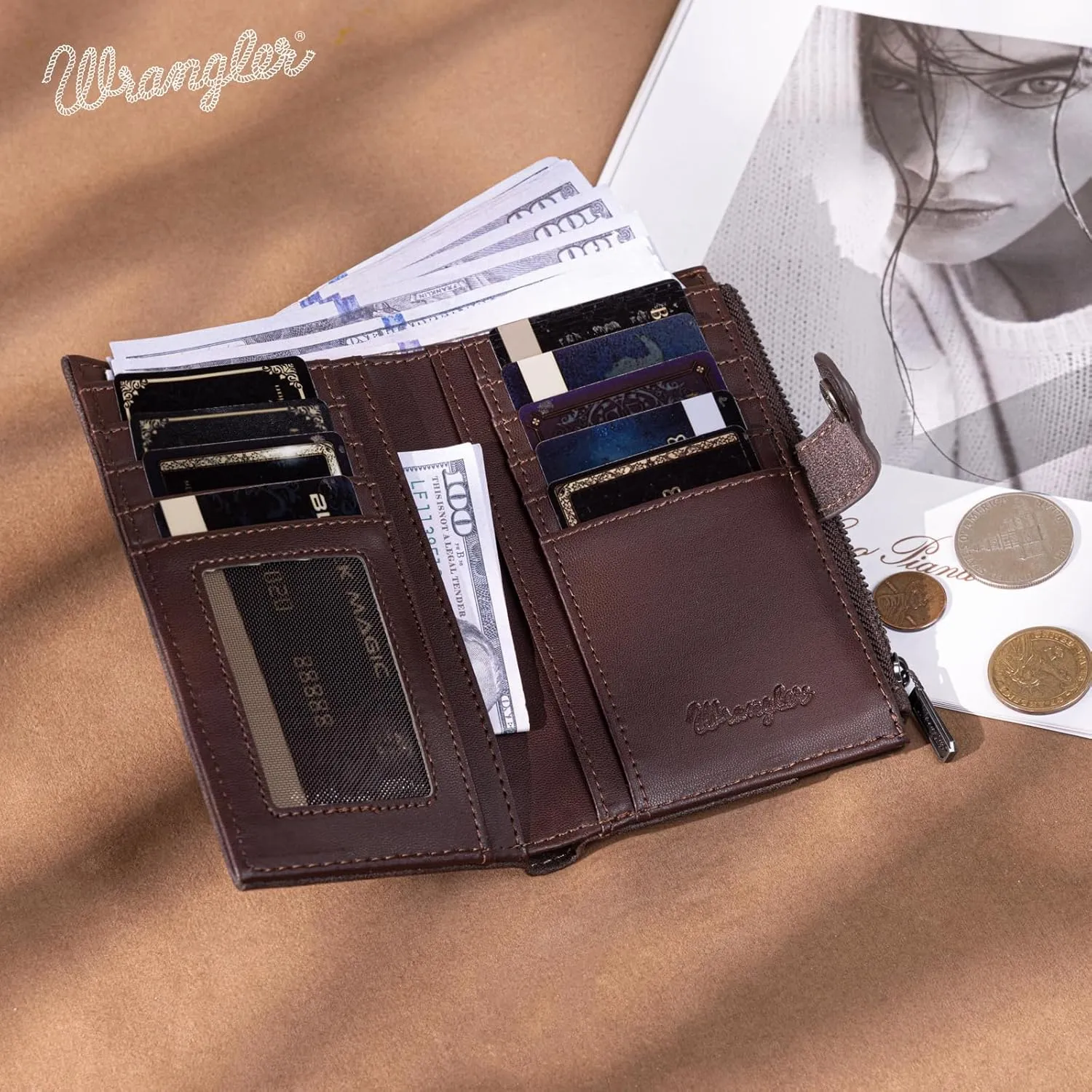 × Wrangler Small Wallet for Women Designer Bifold Wallet Embossed Women'S Wallets, Card Cases & Money Organizers, Coffee