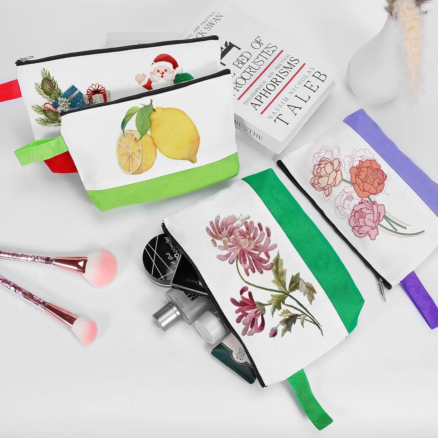 10 Pieces Cotton Canvas Makeup Bag with Bottom and Strap, Multi-Purpose Cosmetic Bag with Zipper Travel Toiletry Pouch, Blank DIY Craft Bag (Multicolor 03, L)