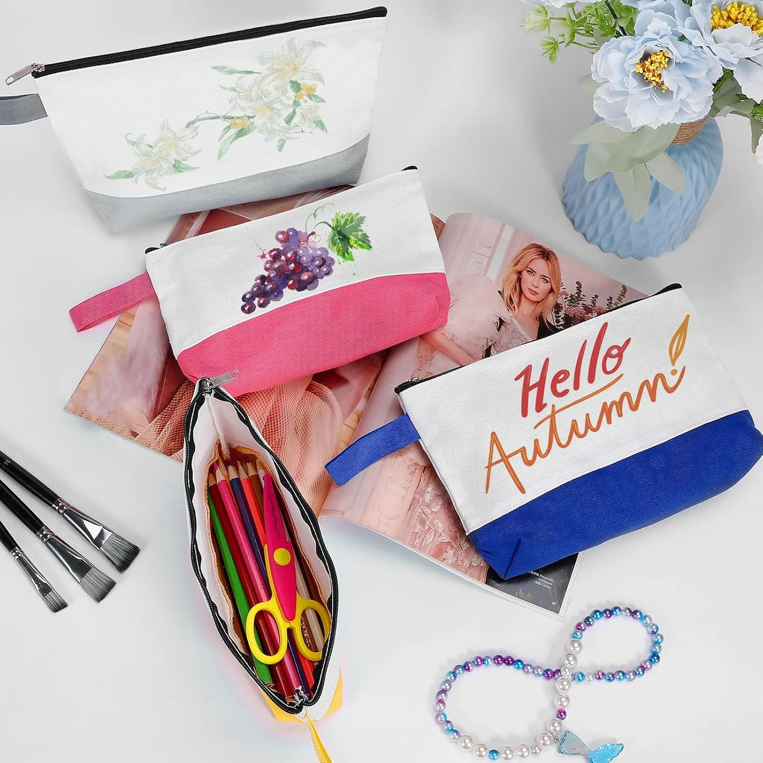 10 Pieces Cotton Canvas Makeup Bag with Bottom and Strap, Multi-Purpose Cosmetic Bag with Zipper Travel Toiletry Pouch, Blank DIY Craft Bag (Multicolor 03, L)