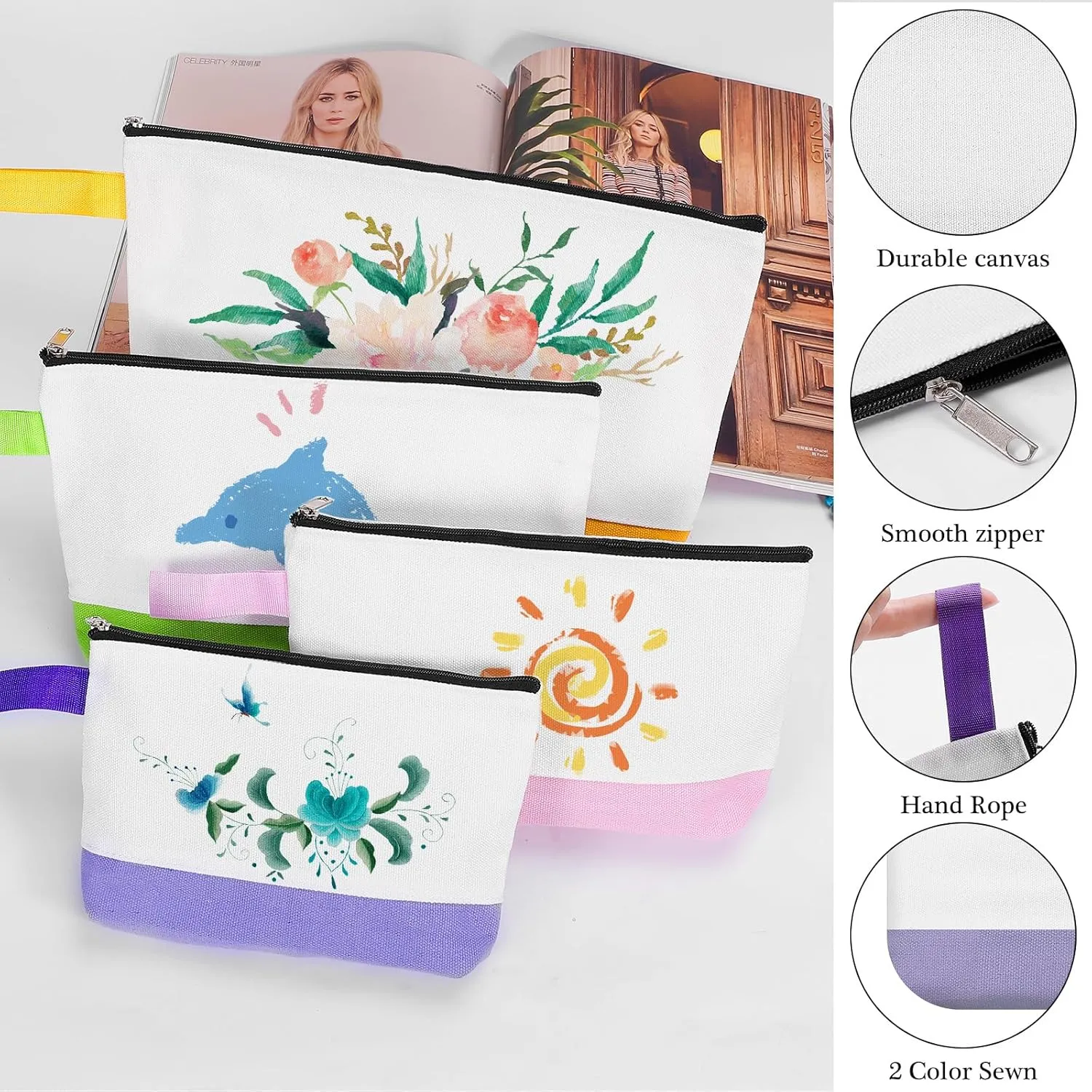 10 Pieces Cotton Canvas Makeup Bag with Bottom and Strap, Multi-Purpose Cosmetic Bag with Zipper Travel Toiletry Pouch, Blank DIY Craft Bag (Multicolor 03, L)