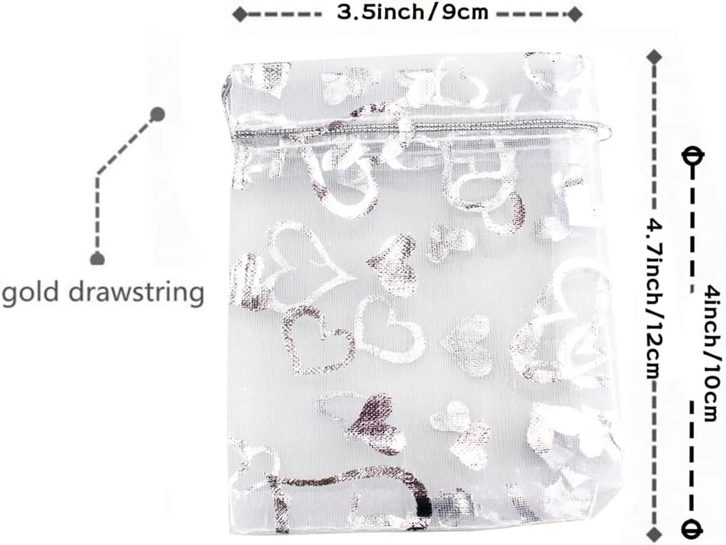 100 pcs 3.5 x 4.7 Inch Flower Heart Organza Jewelry Gift Pouch Candy Pouch Drawstring Wedding Favor Bags X92 (all white with white heart)