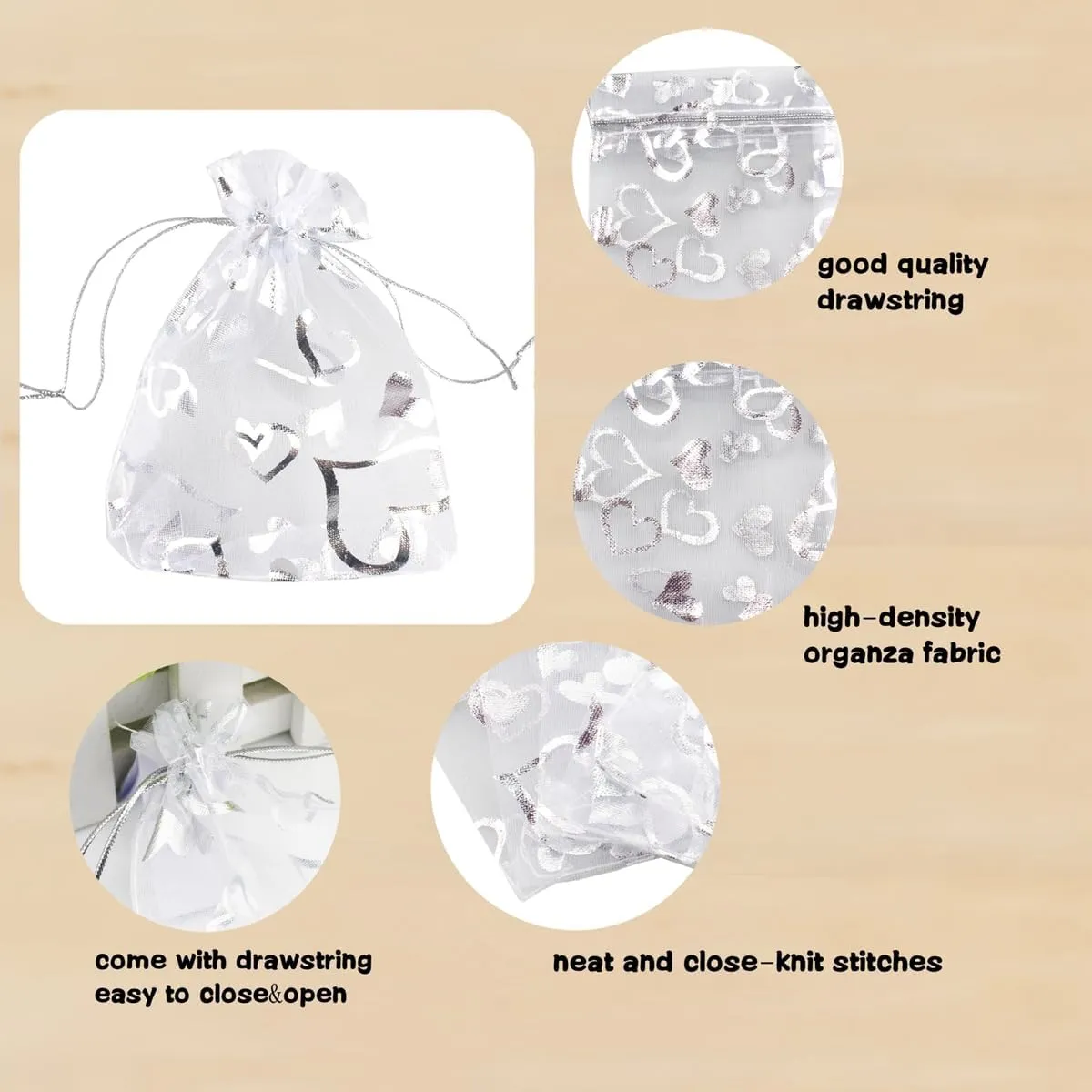 100 pcs 3.5 x 4.7 Inch Flower Heart Organza Jewelry Gift Pouch Candy Pouch Drawstring Wedding Favor Bags X92 (all white with white heart)
