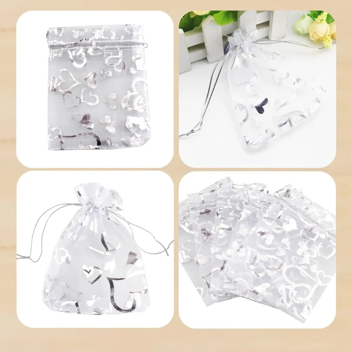 100 pcs 3.5 x 4.7 Inch Flower Heart Organza Jewelry Gift Pouch Candy Pouch Drawstring Wedding Favor Bags X92 (all white with white heart)
