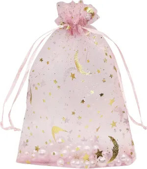 100PCS Moon Star Organza Bags 5''X7'' Pink Mesh Gift Bags Drawstring Jewelry Makeup Bag Small for Wedding Party Favor Goodie Candy Bags