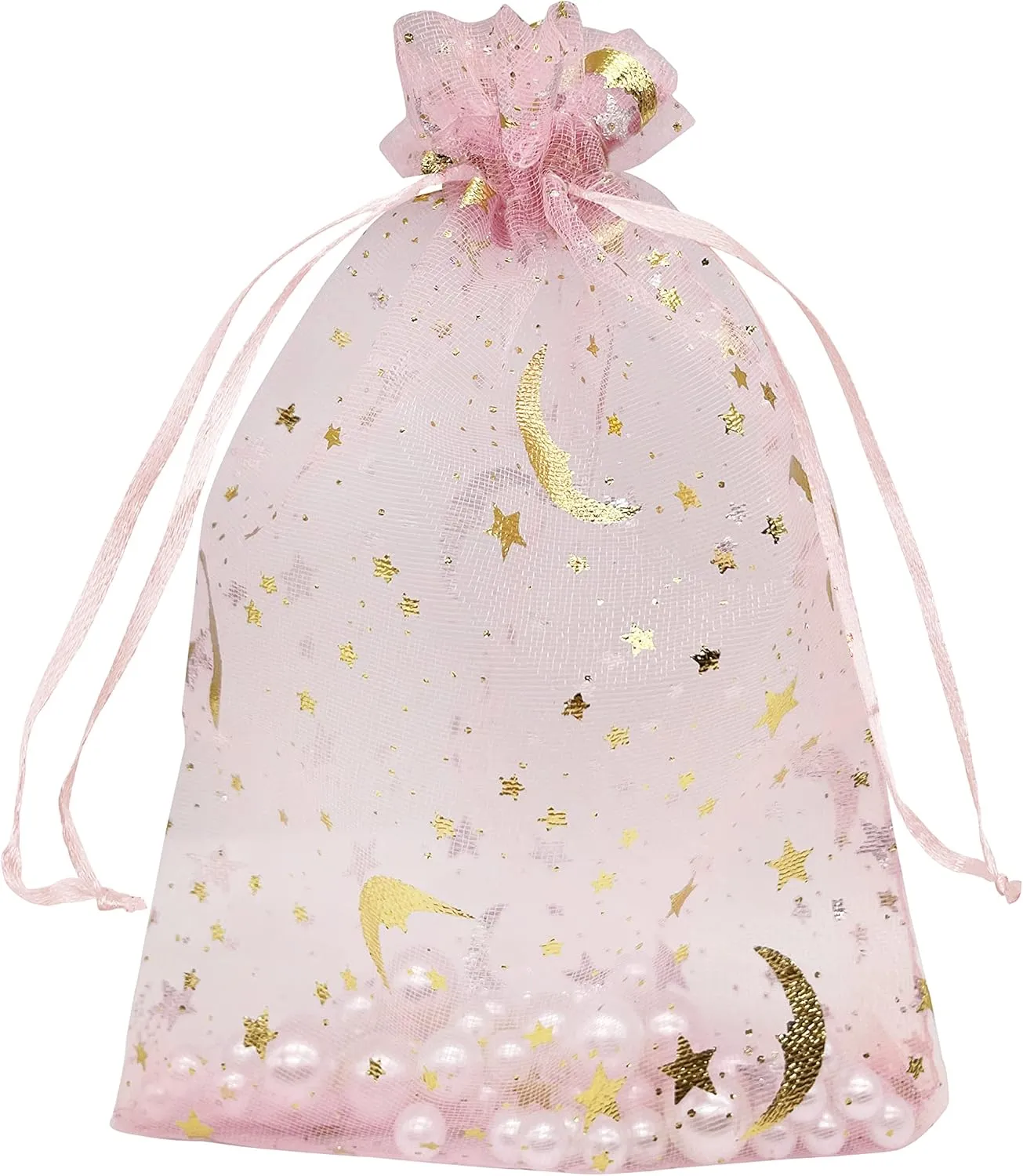 100PCS Moon Star Organza Bags 5''X7'' Pink Mesh Gift Bags Drawstring Jewelry Makeup Bag Small for Wedding Party Favor Goodie Candy Bags