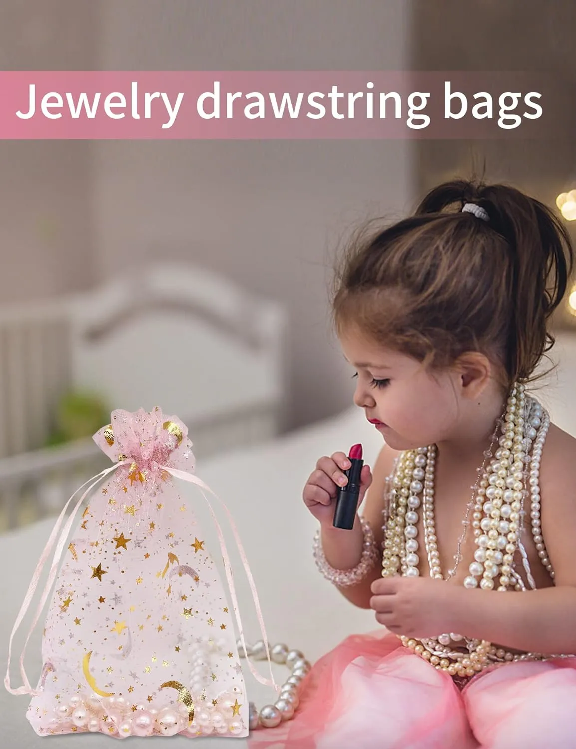 100PCS Moon Star Organza Bags 5''X7'' Pink Mesh Gift Bags Drawstring Jewelry Makeup Bag Small for Wedding Party Favor Goodie Candy Bags