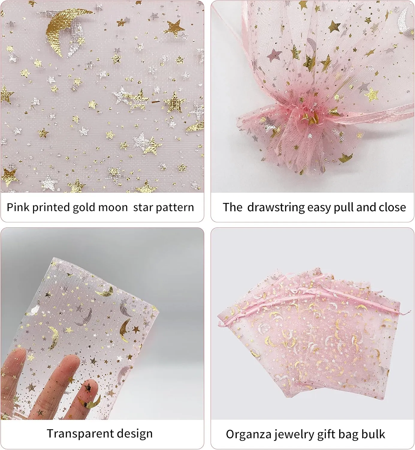 100PCS Moon Star Organza Bags 5''X7'' Pink Mesh Gift Bags Drawstring Jewelry Makeup Bag Small for Wedding Party Favor Goodie Candy Bags