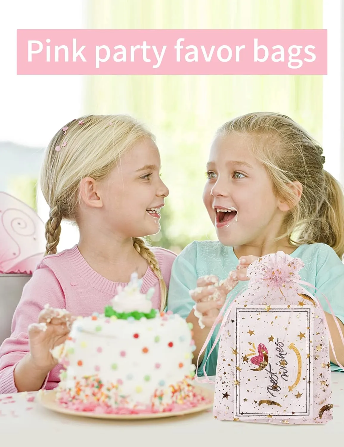 100PCS Moon Star Organza Bags 5''X7'' Pink Mesh Gift Bags Drawstring Jewelry Makeup Bag Small for Wedding Party Favor Goodie Candy Bags