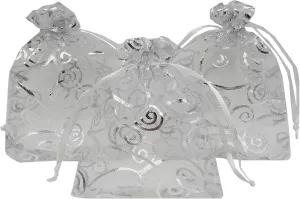 100pcs Sheer Organza Favor Bags For Wedding Baby Shower Rattan Print Gift Bags Samples Display Drawstring Pouches (3.5x4.5, silver)