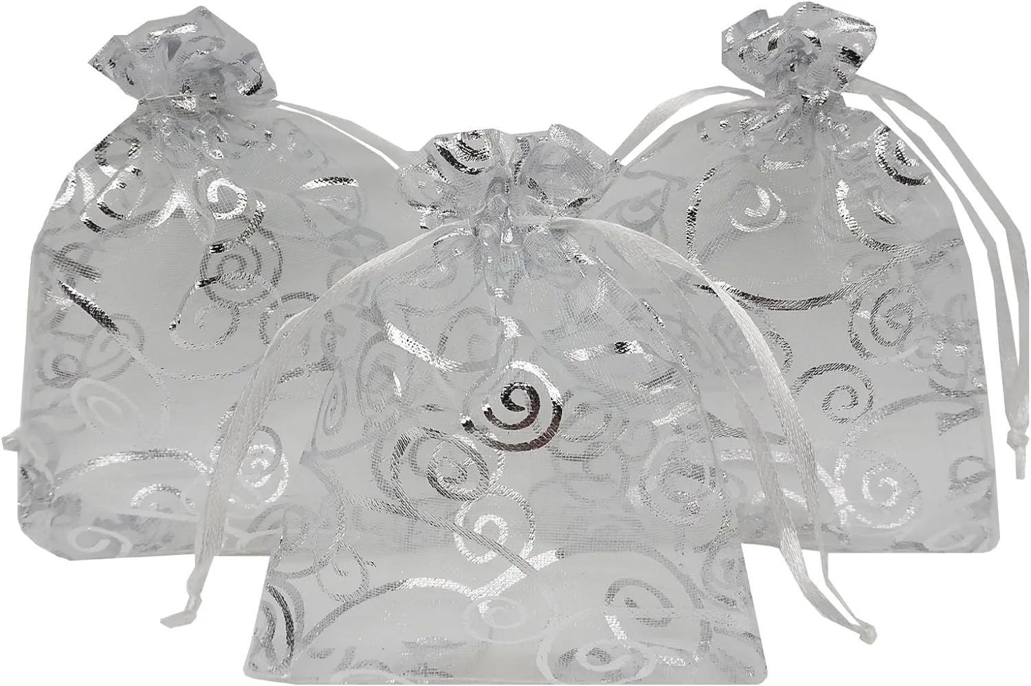 100pcs Sheer Organza Favor Bags For Wedding Baby Shower Rattan Print Gift Bags Samples Display Drawstring Pouches (3.5x4.5, silver)