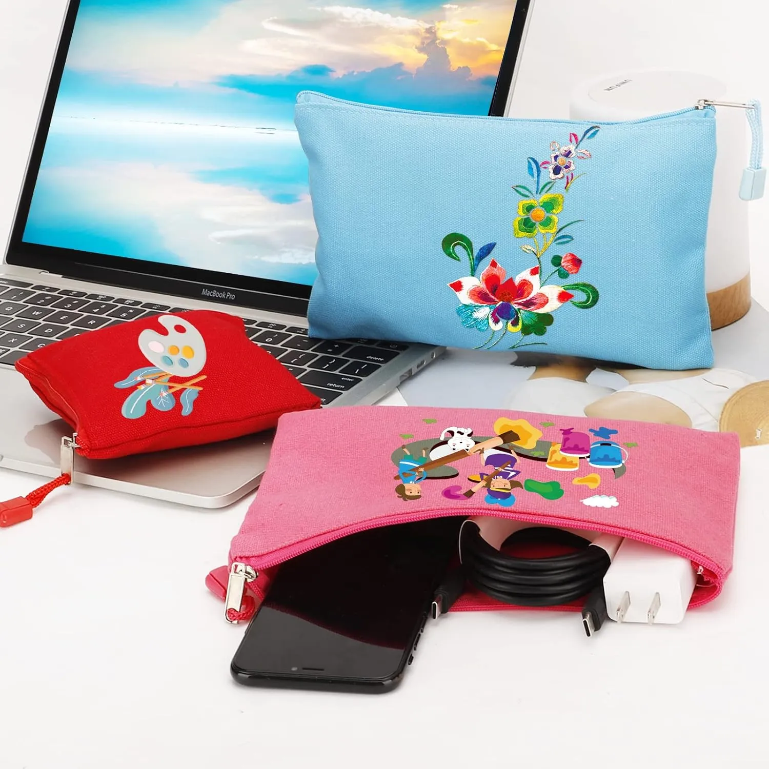 12 Pack DIY Craft Cotton Canvas Bag, Multi-Purpose Cosmetic Bag Makeup Pouches with Zipper Travel Toiletry Bag (XS, Yellow)