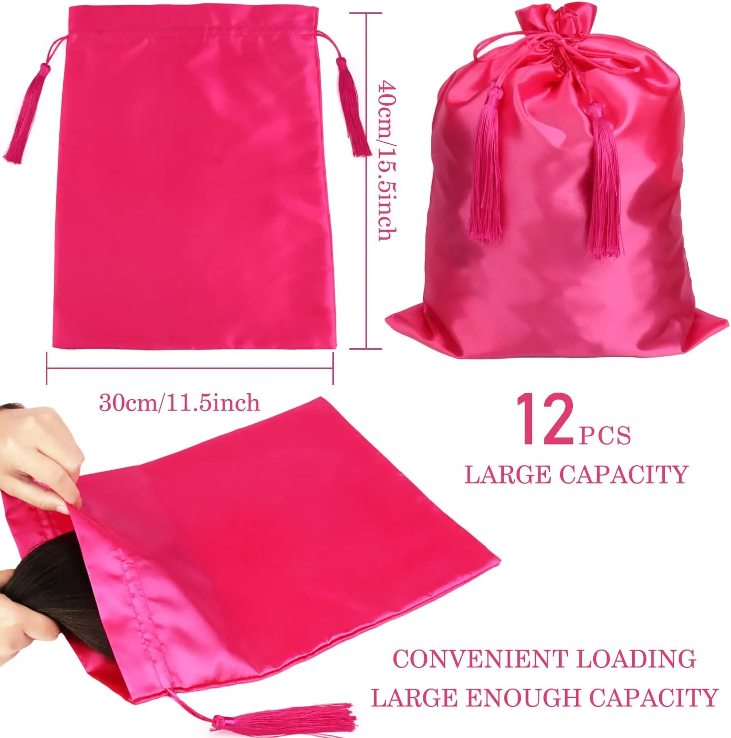12 Pcs Satin Bags with Drawstring Tassel for Wigs- Bundles- Hair Extensions and Hair Tools Multipurpose Large Satin Storage Bags 30X40CM-11.8X15.7 Inch in Pink Color