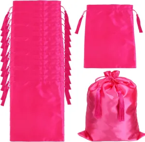 12 Pcs Satin Bags with Drawstring Tassel for Wigs- Bundles- Hair Extensions and Hair Tools Multipurpose Large Satin Storage Bags 30X40CM-11.8X15.7 Inch in Pink Color