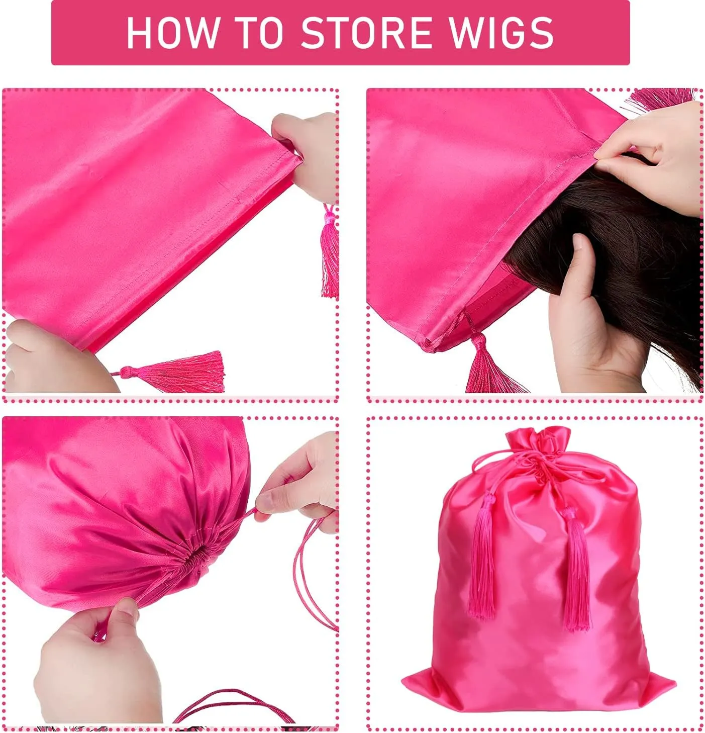 12 Pcs Satin Bags with Drawstring Tassel for Wigs- Bundles- Hair Extensions and Hair Tools Multipurpose Large Satin Storage Bags 30X40CM-11.8X15.7 Inch in Pink Color
