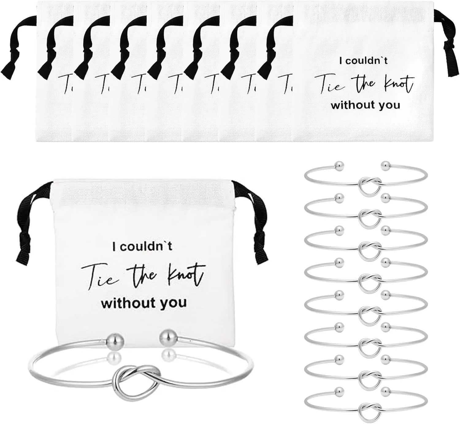 16 Pcs Jewelry Pouch Bridesmaid Gift Set - Includes 8 Linen Cotton Drawstring Bags & 8 Knot Bracelets - Bridal Party Favors, Jewelry Packaging, Bridesmaid Proposal Gifts