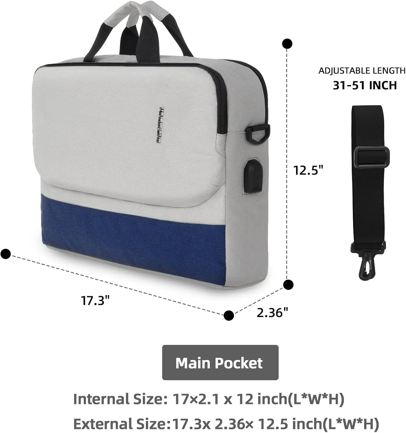 17-17.3 inch Laptop Briefcase Bag with USB Port, Computer Case with Shoulder Strap Handle Bag for Men Women