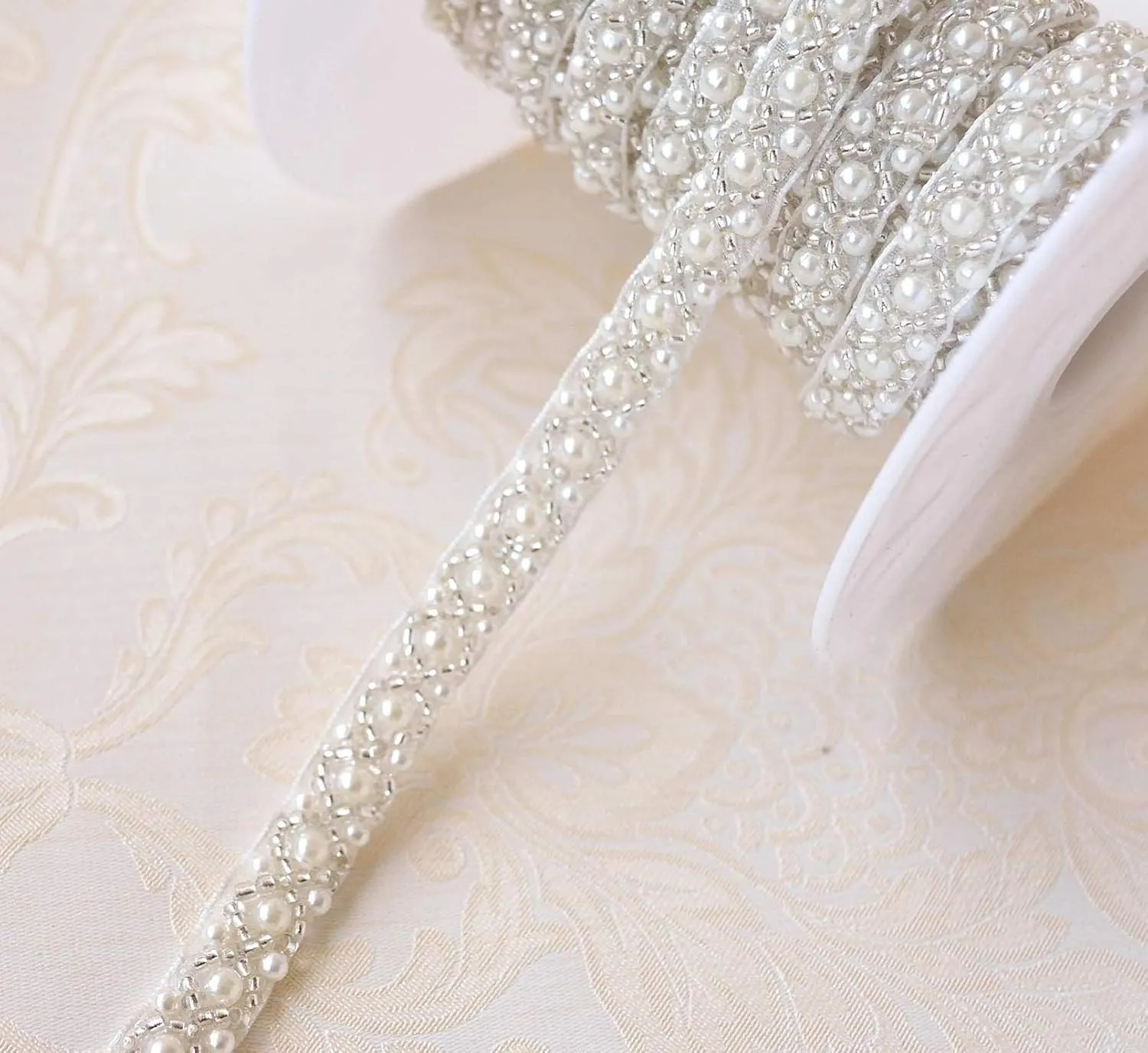 2 Yards Pearl Beaded Trim Bridal Lace Ribbon Trimming Edge Tape for Craft Sewing Wedding Dress Fabric DIY Decoration 1cm (#3)