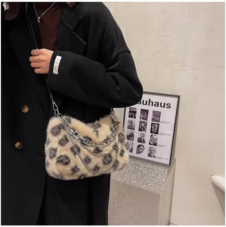 2022 New Leopard Print Plush Shoulder Cross-body Bag Fashion Chain One-shoulder Armpit Tote Y2K Purse Hobo Bag