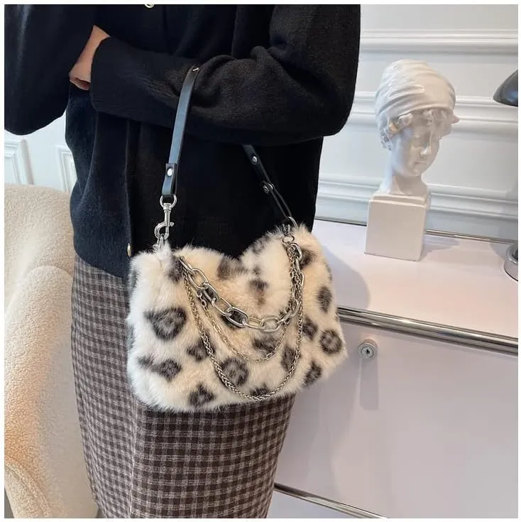2022 New Leopard Print Plush Shoulder Cross-body Bag Fashion Chain One-shoulder Armpit Tote Y2K Purse Hobo Bag