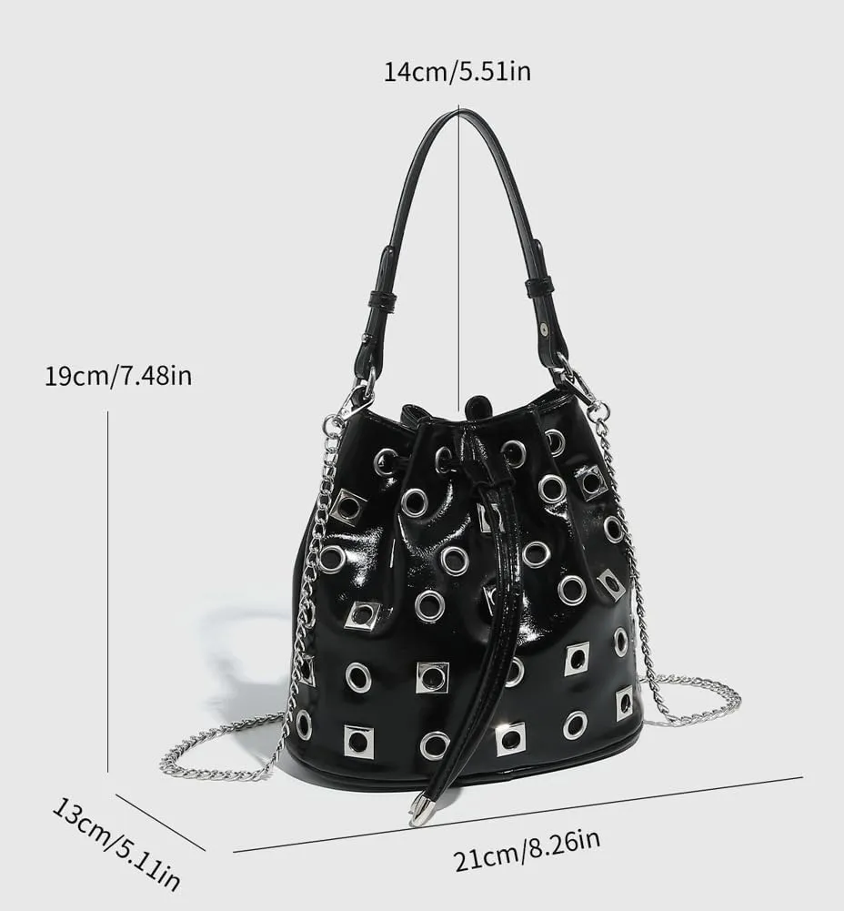 2025 Punk Rock Drawstring Bucket Bag – Studded Hollow-Out Shoulder Purse, Edgy Chain Strap Handheld Tote for Women