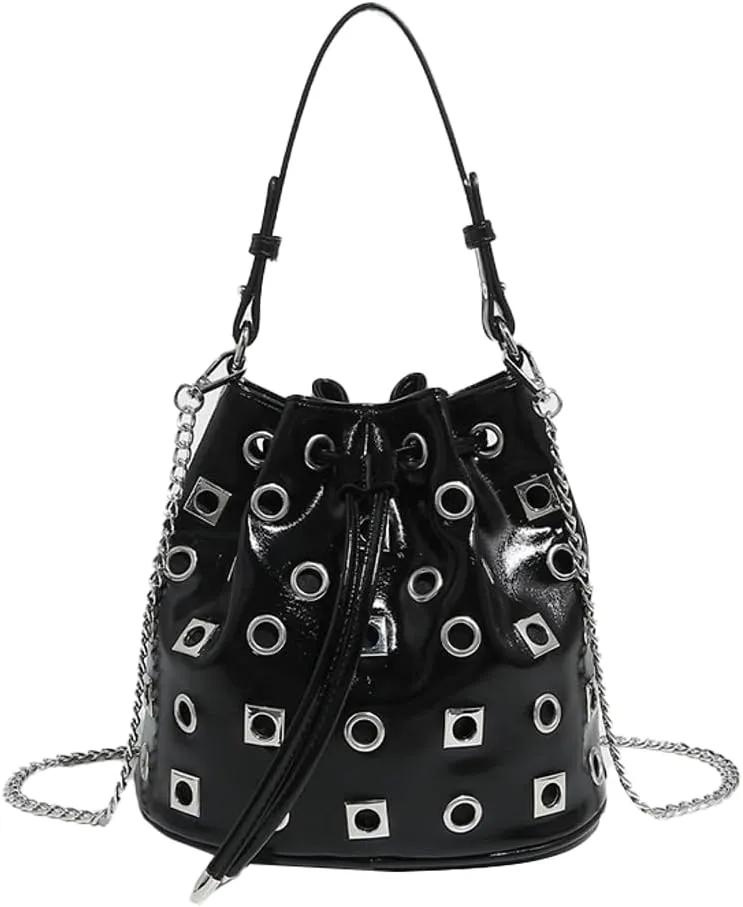 2025 Punk Rock Drawstring Bucket Bag – Studded Hollow-Out Shoulder Purse, Edgy Chain Strap Handheld Tote for Women