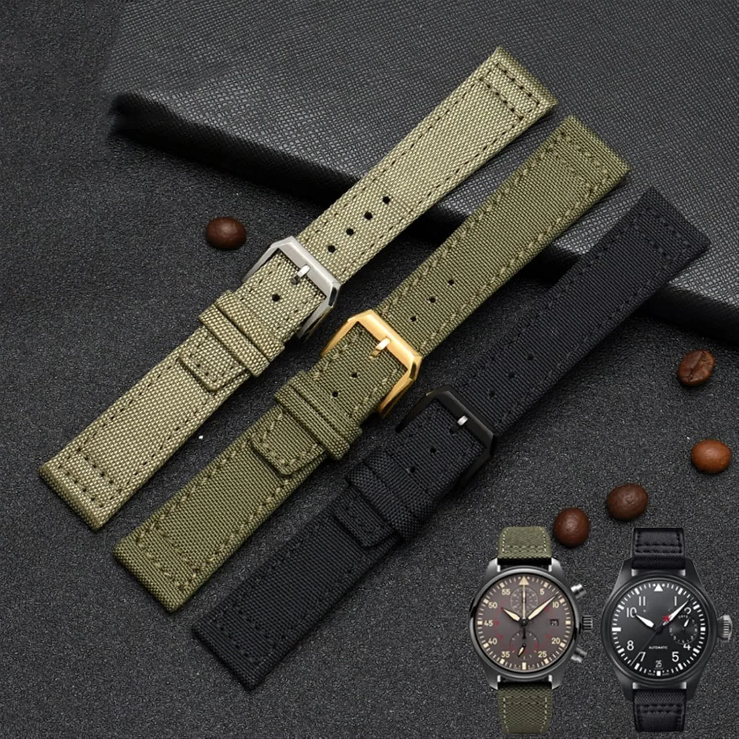 20mm 21mm 22mm For IWC Pilot Spitfire Timezone TopGun Strap Green Black Belts Wristwatch Straps Nylon Canvas Fabric Watch Band