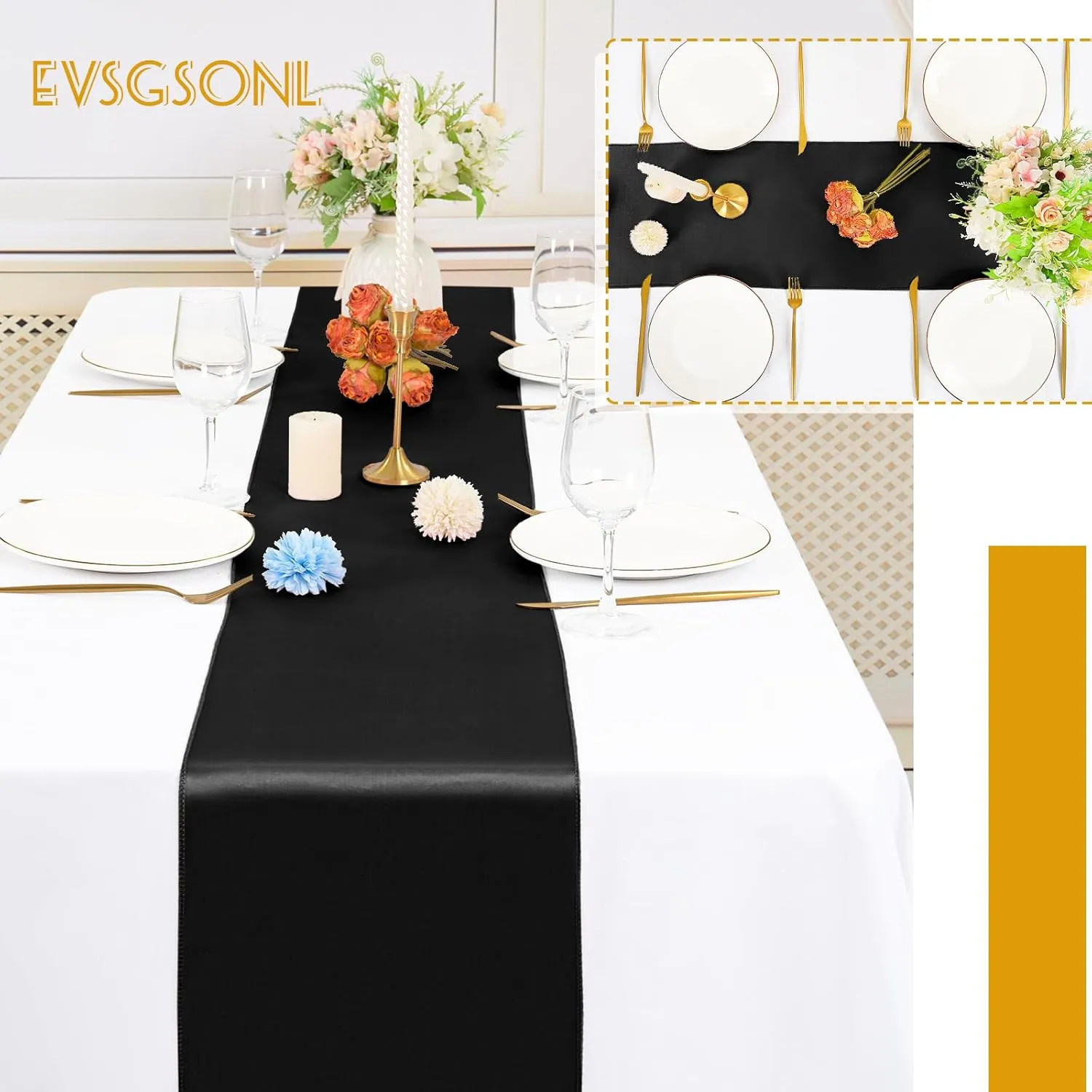 20Pack Satin Table Runner 12 x 72 Inch,Black Satin Silk Table Runner Smooth Table Runners for Wedding Bridal Baby Shower Banquet Birthday Party Table Decoration