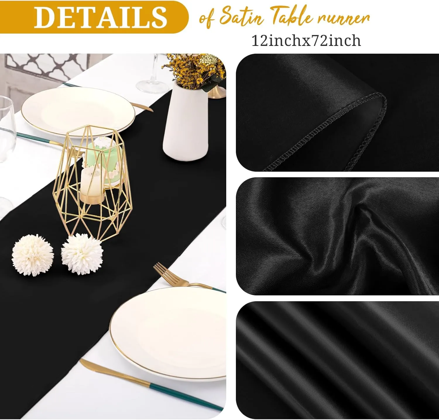 20Pack Satin Table Runner 12 x 72 Inch,Black Satin Silk Table Runner Smooth Table Runners for Wedding Bridal Baby Shower Banquet Birthday Party Table Decoration