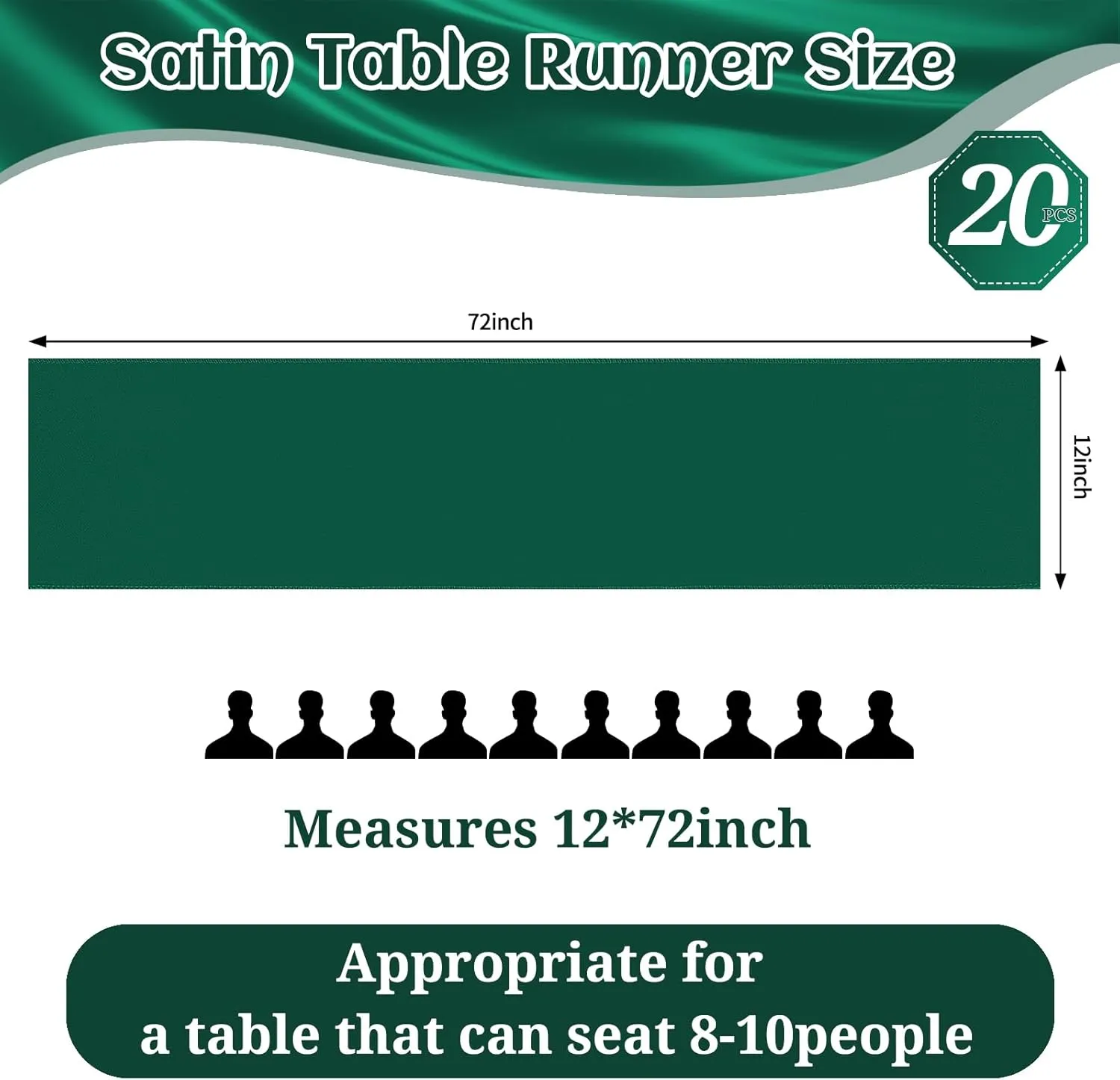20Pack Satin Table Runner 12 x 72 Inch,Forest Green Satin Silk Table Runner Smooth Table Runners for Wedding Bridal Baby Shower Banquet Birthday Party Table Decoration