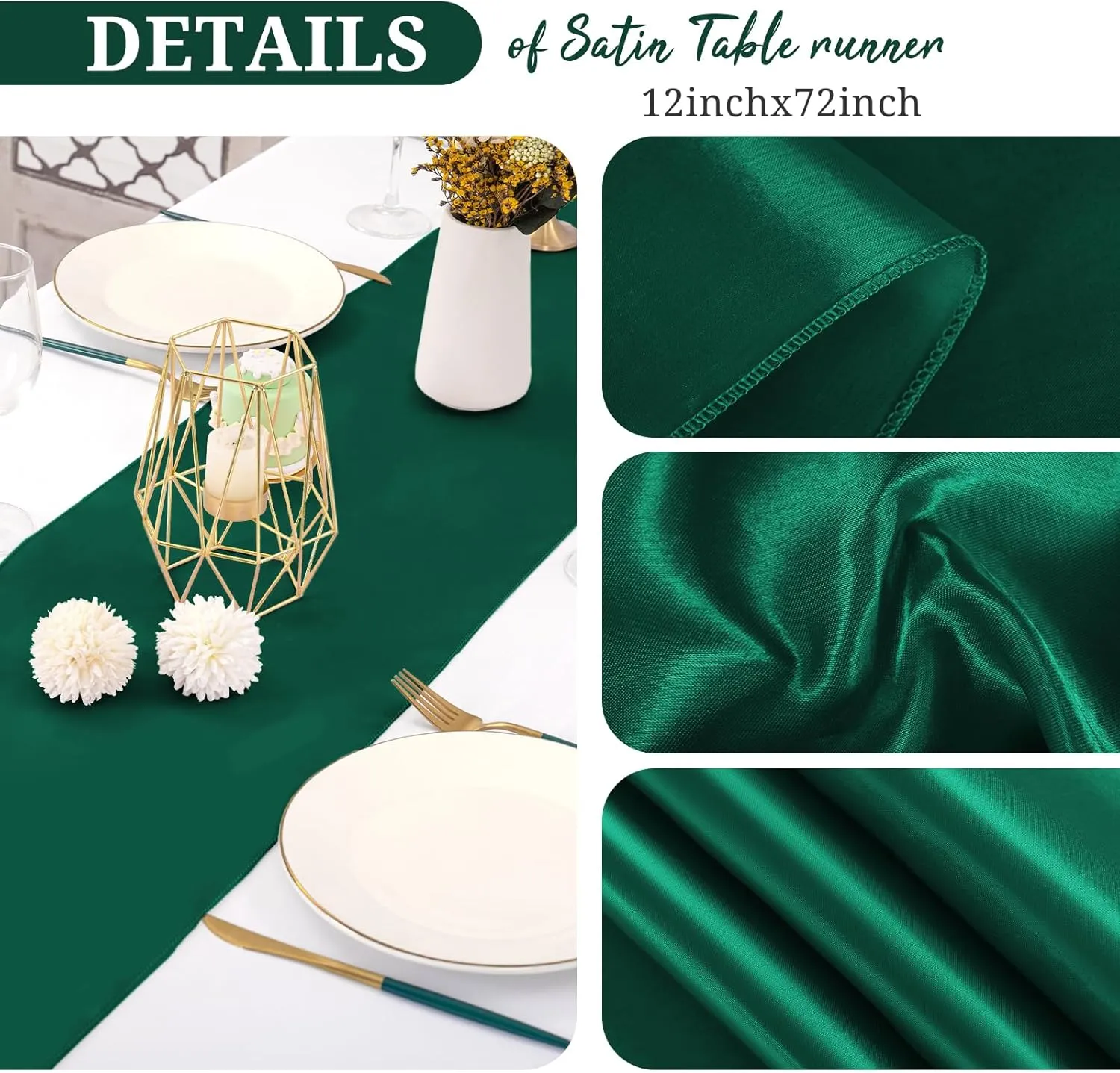 20Pack Satin Table Runner 12 x 72 Inch,Forest Green Satin Silk Table Runner Smooth Table Runners for Wedding Bridal Baby Shower Banquet Birthday Party Table Decoration