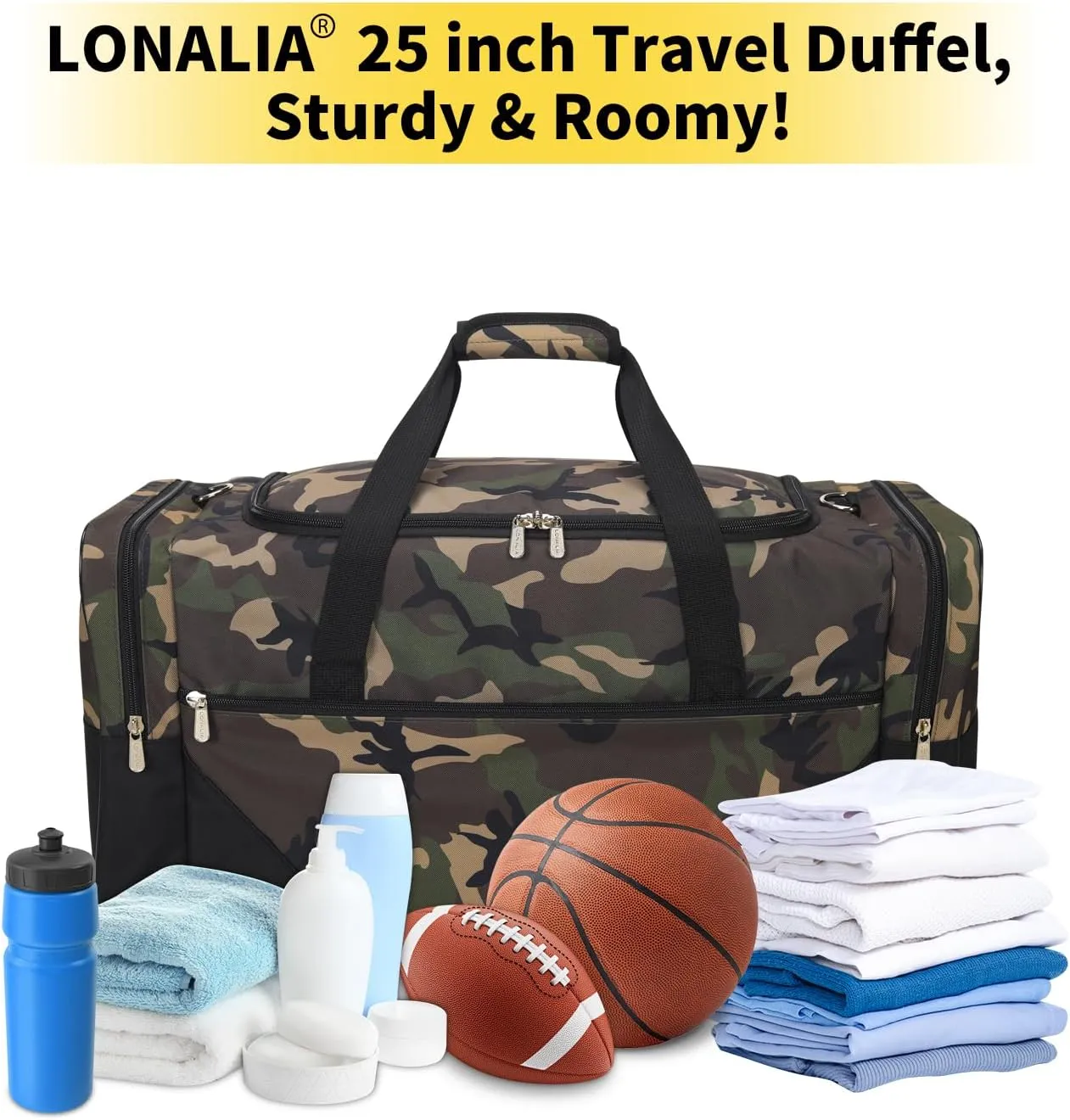 25 in Large Travel Duffel Bag for Men - 56L Roomy Weekender Bag with Trolley Sleeve (Camo)