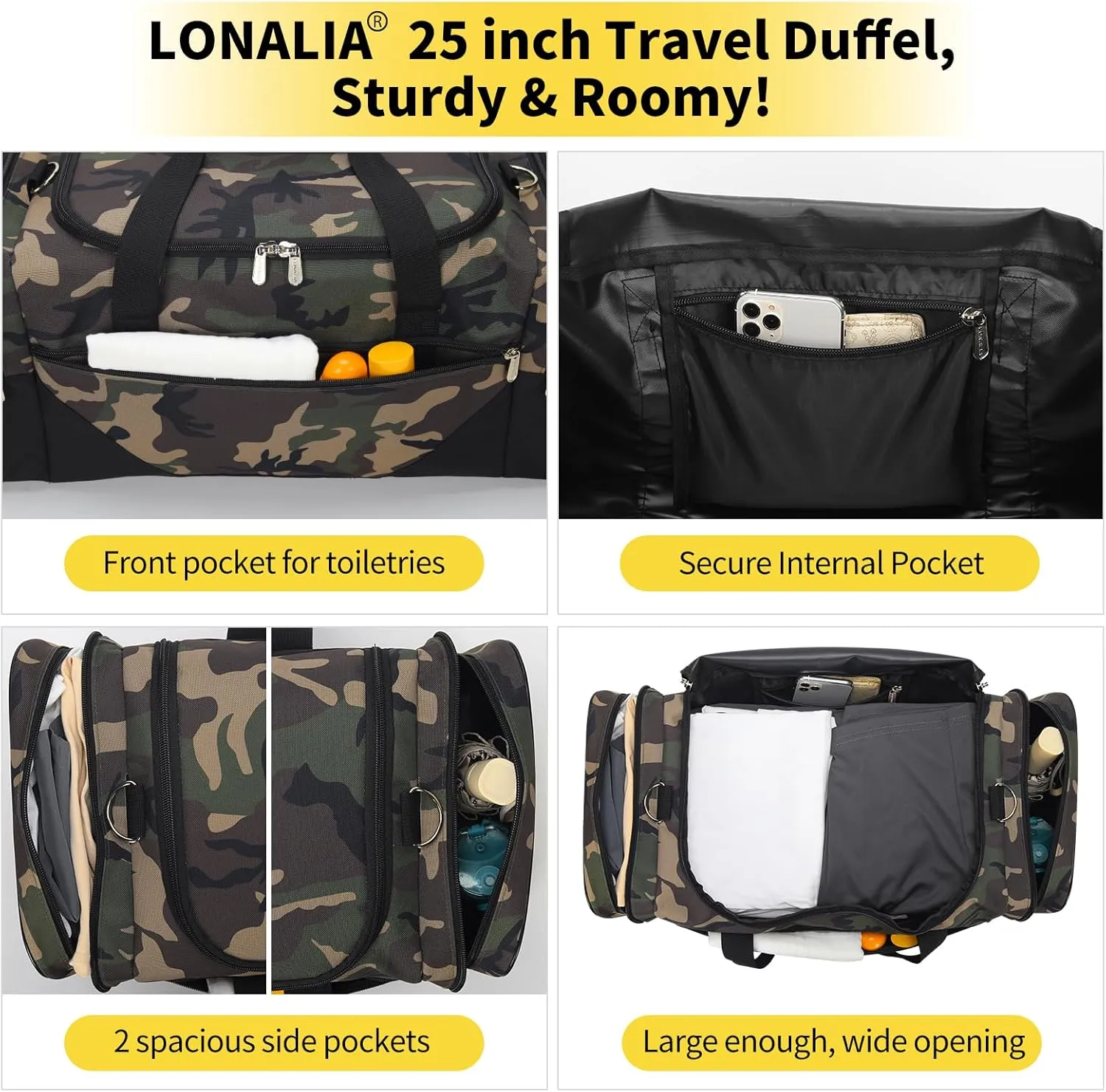 25 in Large Travel Duffel Bag for Men - 56L Roomy Weekender Bag with Trolley Sleeve (Camo)