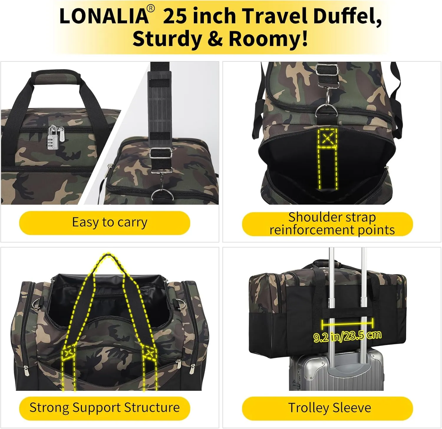 25 in Large Travel Duffel Bag for Men - 56L Roomy Weekender Bag with Trolley Sleeve (Camo)