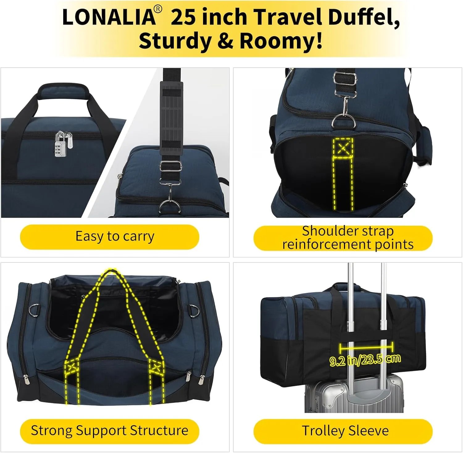 25 in Large Travel Duffel Bag for Men - 56L Roomy Weekender Bag with Trolley Sleeve (Navy)