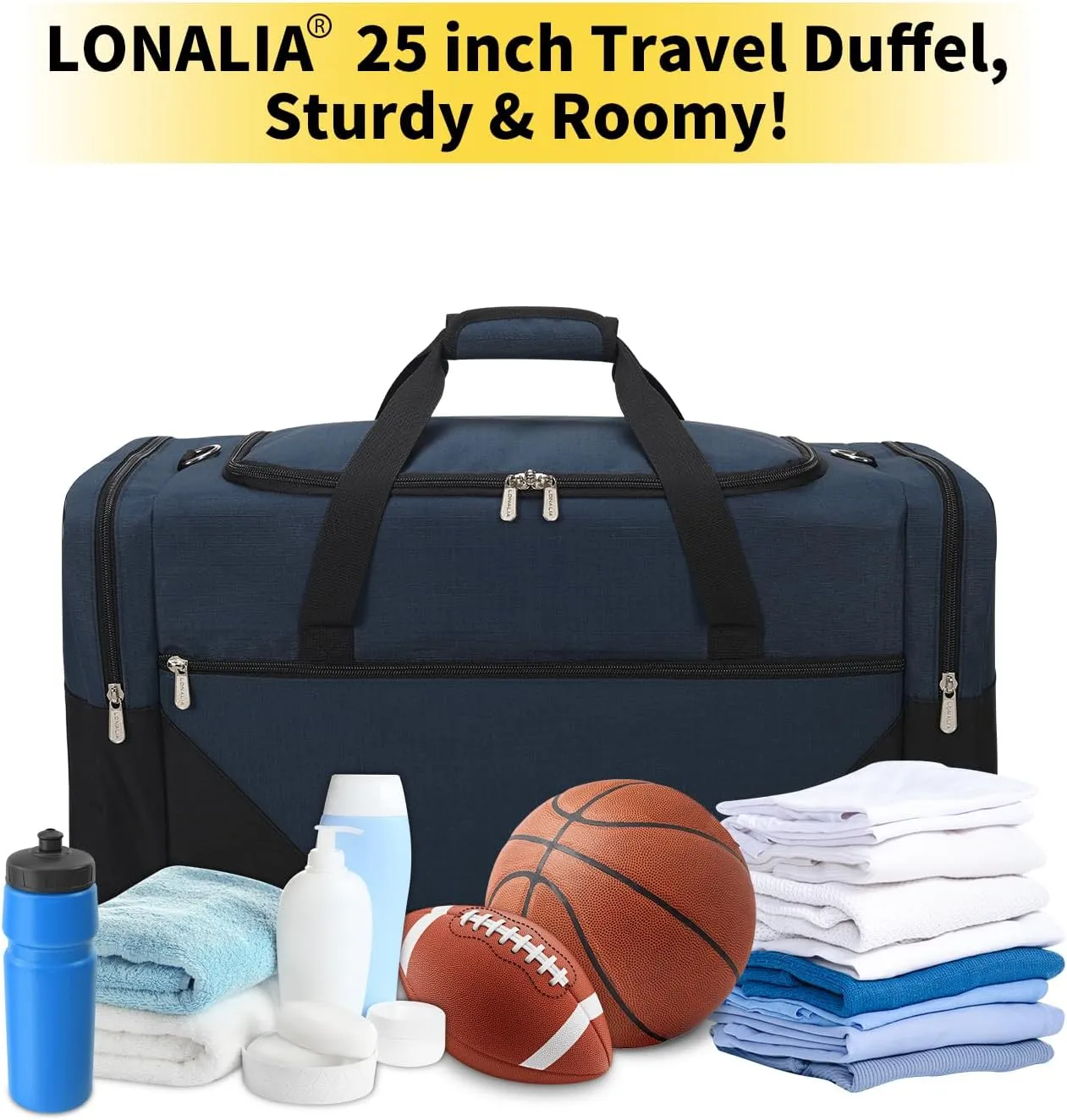 25 in Large Travel Duffel Bag for Men - 56L Roomy Weekender Bag with Trolley Sleeve (Navy)