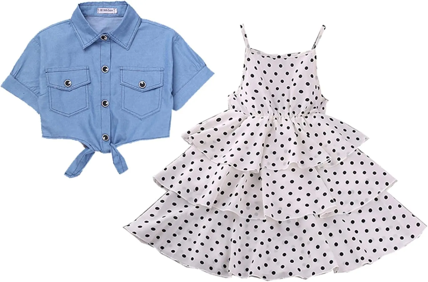 3-9T School Girls Cool Denim Slip Layered Dress Girls' Polka Dot Sling Skirt   Short Sleeve Denim Jacket Set