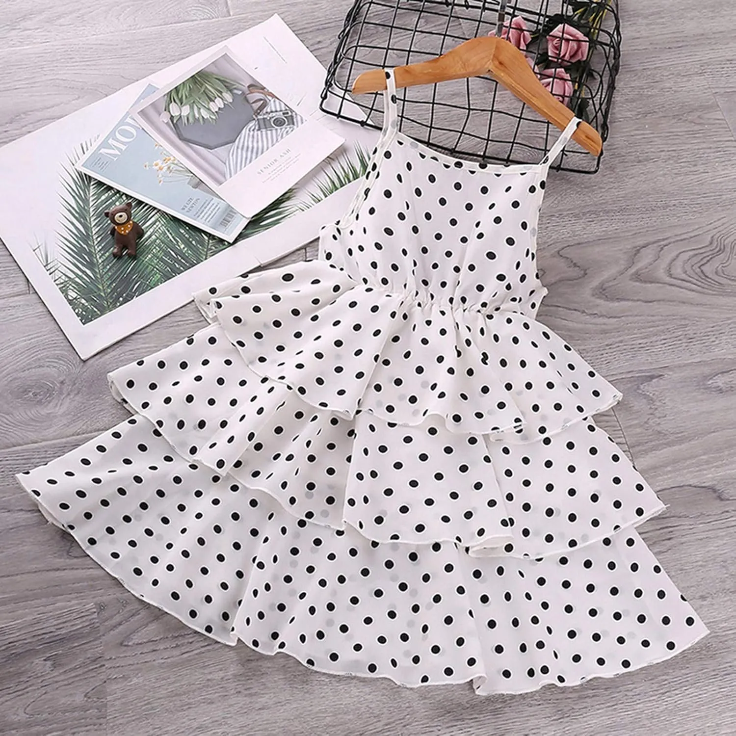 3-9T School Girls Cool Denim Slip Layered Dress Girls' Polka Dot Sling Skirt   Short Sleeve Denim Jacket Set