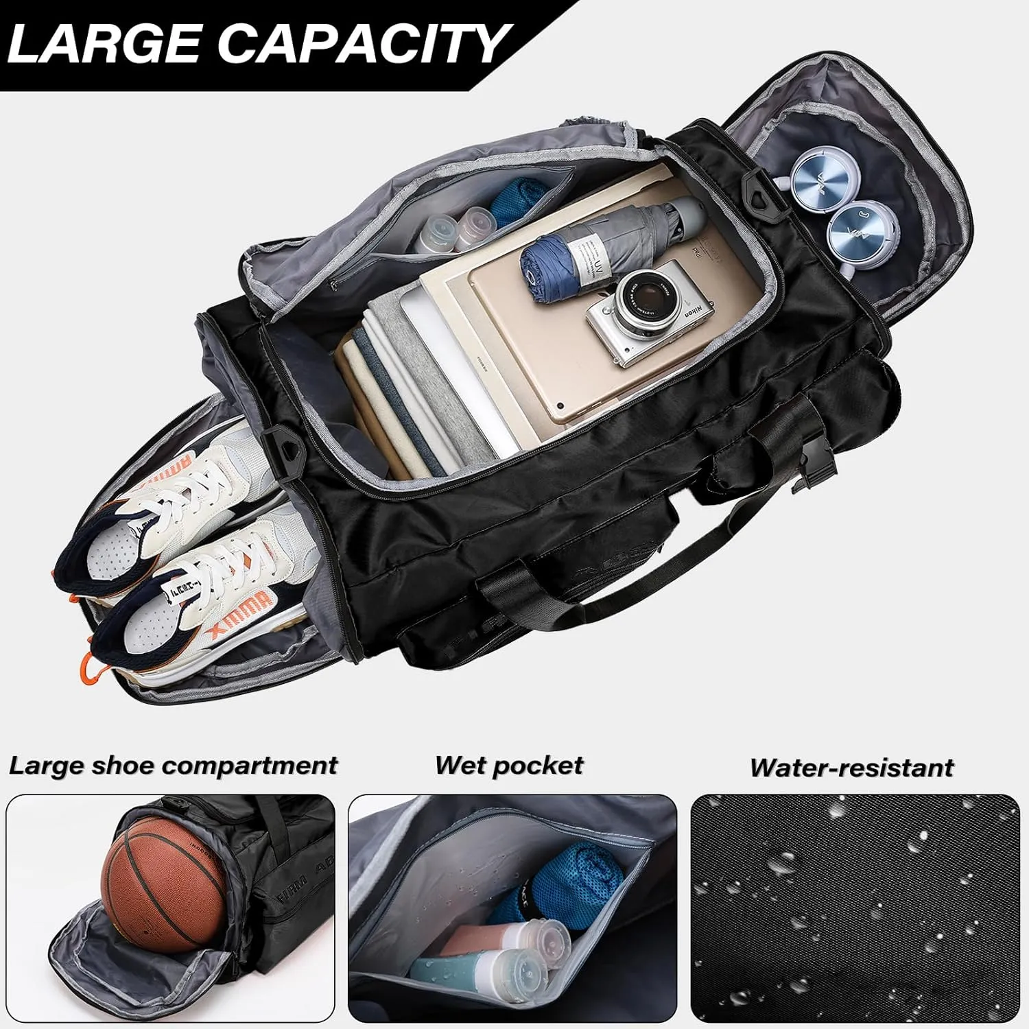 3 in 1 Gym Bag for Men and Women, 65L Large Capacity Travel Duffle Bags Convertible Backpack Weekender Overnight Bag with Shoes Compartment and Dry and Wet Separation