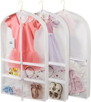 3 Pack 40" Clear Dance Garment Bags for Costumes Hanging Garment Bag with 4 Medium Clear Zipper Pockets and 1 Large Back Zipper Pocket, Clothes Protector Cover for Travel Competition