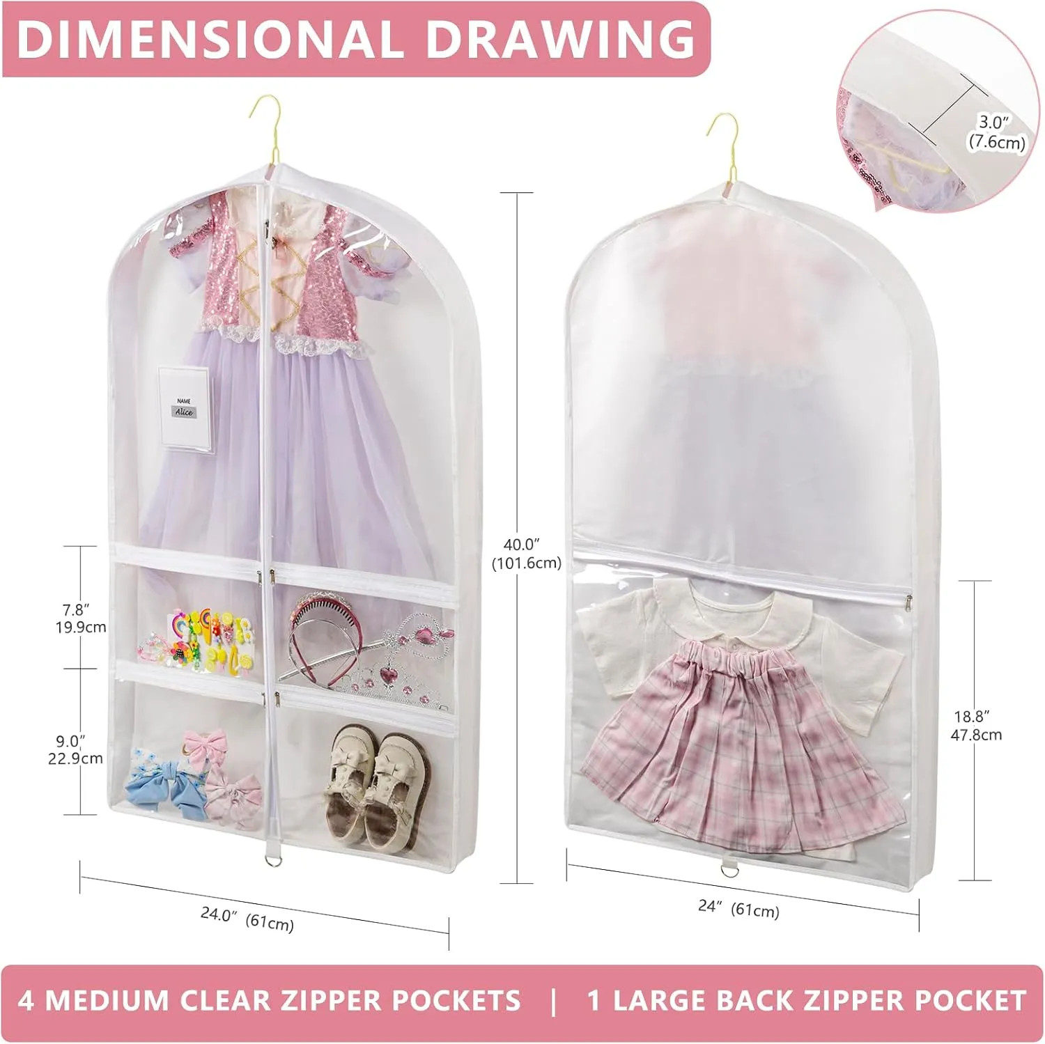 3 Pack 40" Clear Dance Garment Bags for Costumes Hanging Garment Bag with 4 Medium Clear Zipper Pockets and 1 Large Back Zipper Pocket, Clothes Protector Cover for Travel Competition