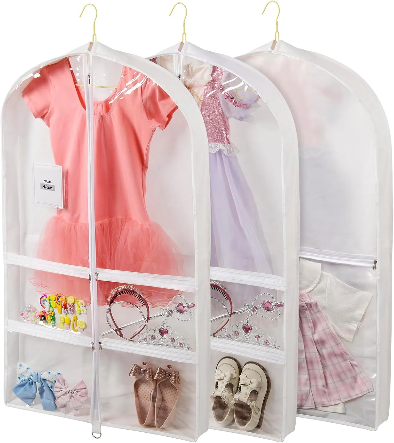 3 Pack 40" Clear Dance Garment Bags for Costumes Hanging Garment Bag with 4 Medium Clear Zipper Pockets and 1 Large Back Zipper Pocket, Clothes Protector Cover for Travel Competition