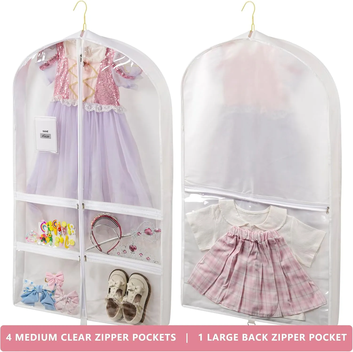 3 Pack 40" Clear Dance Garment Bags for Costumes Hanging Garment Bag with 4 Medium Clear Zipper Pockets and 1 Large Back Zipper Pocket, Clothes Protector Cover for Travel Competition