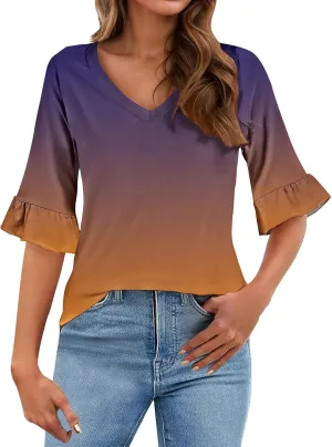 3/4 Sleeve Tops for Women Casual Ruffle V Neck T Shirts Three Quarter Length Work Blouses Dressy Tunic Tops