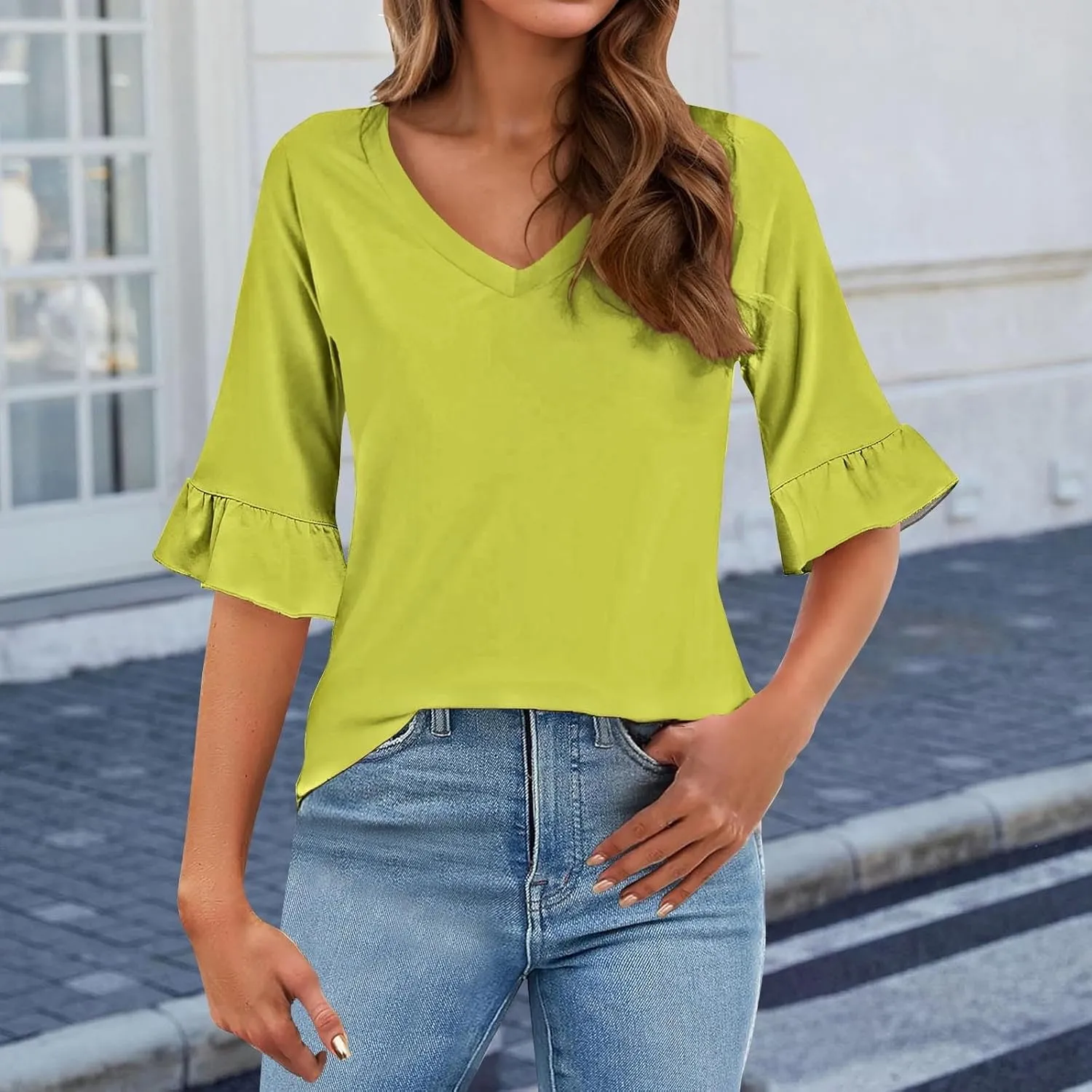 3/4 Sleeve Tops for Women Casual Ruffle V Neck T Shirts Three Quarter Length Work Blouses Dressy Tunic Tops