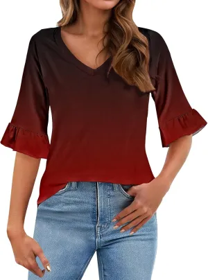 3/4 Sleeve Tops for Women Casual Ruffle V Neck T Shirts Three Quarter Length Work Blouses Dressy Tunic Tops