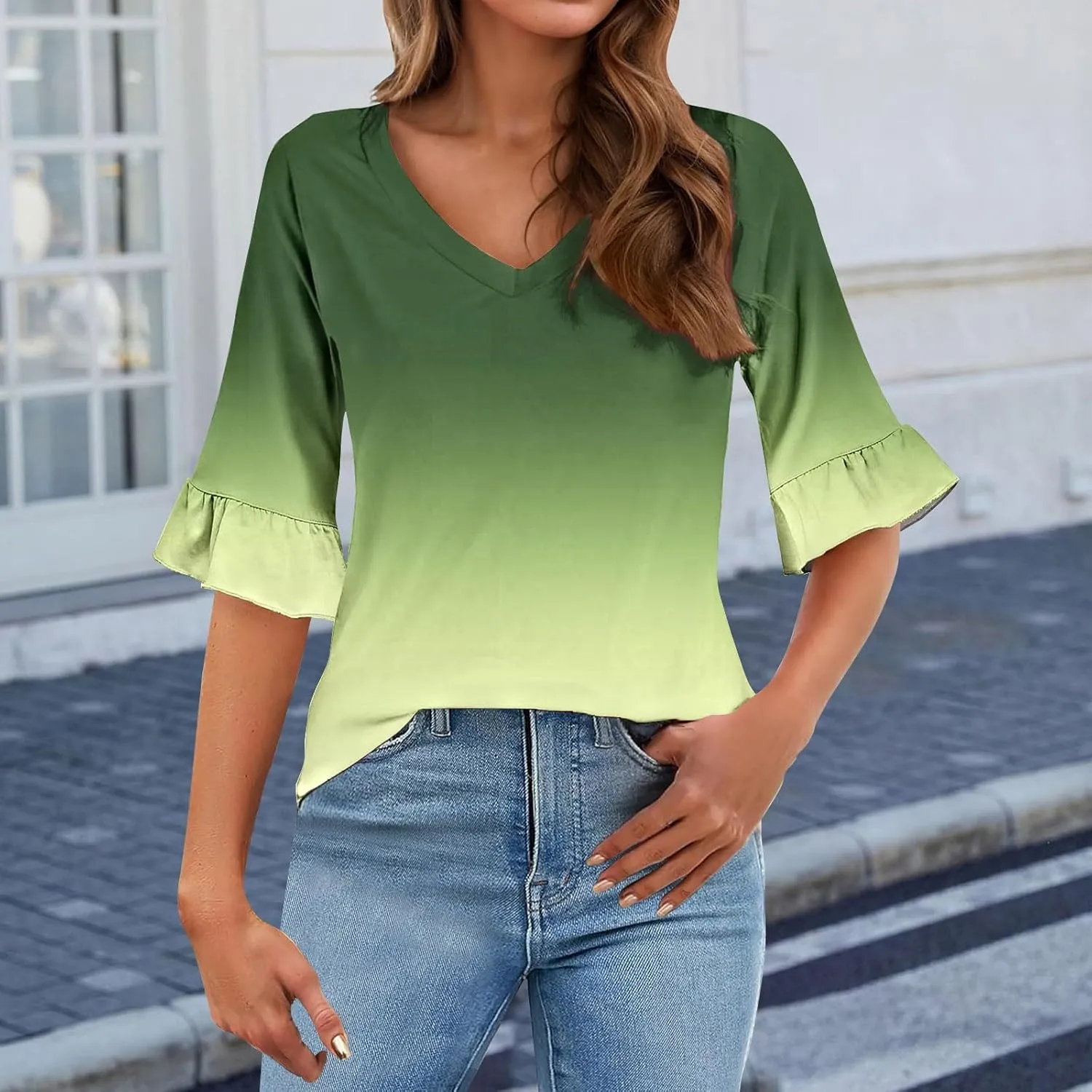 3/4 Sleeve Tops for Women Casual Ruffle V Neck T Shirts Three Quarter Length Work Blouses Dressy Tunic Tops