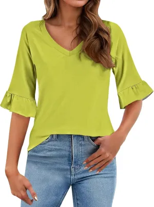 3/4 Sleeve Tops for Women Casual Ruffle V Neck T Shirts Three Quarter Length Work Blouses Dressy Tunic Tops