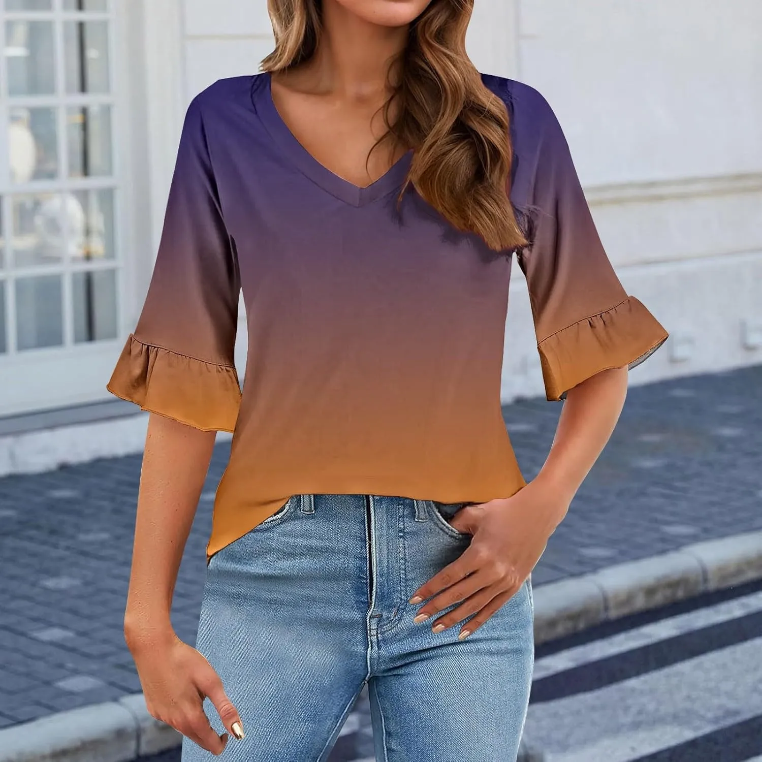 3/4 Sleeve Tops for Women Casual Ruffle V Neck T Shirts Three Quarter Length Work Blouses Dressy Tunic Tops
