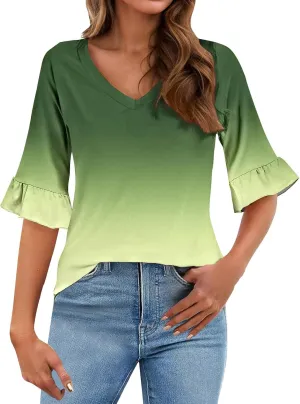 3/4 Sleeve Tops for Women Casual Ruffle V Neck T Shirts Three Quarter Length Work Blouses Dressy Tunic Tops