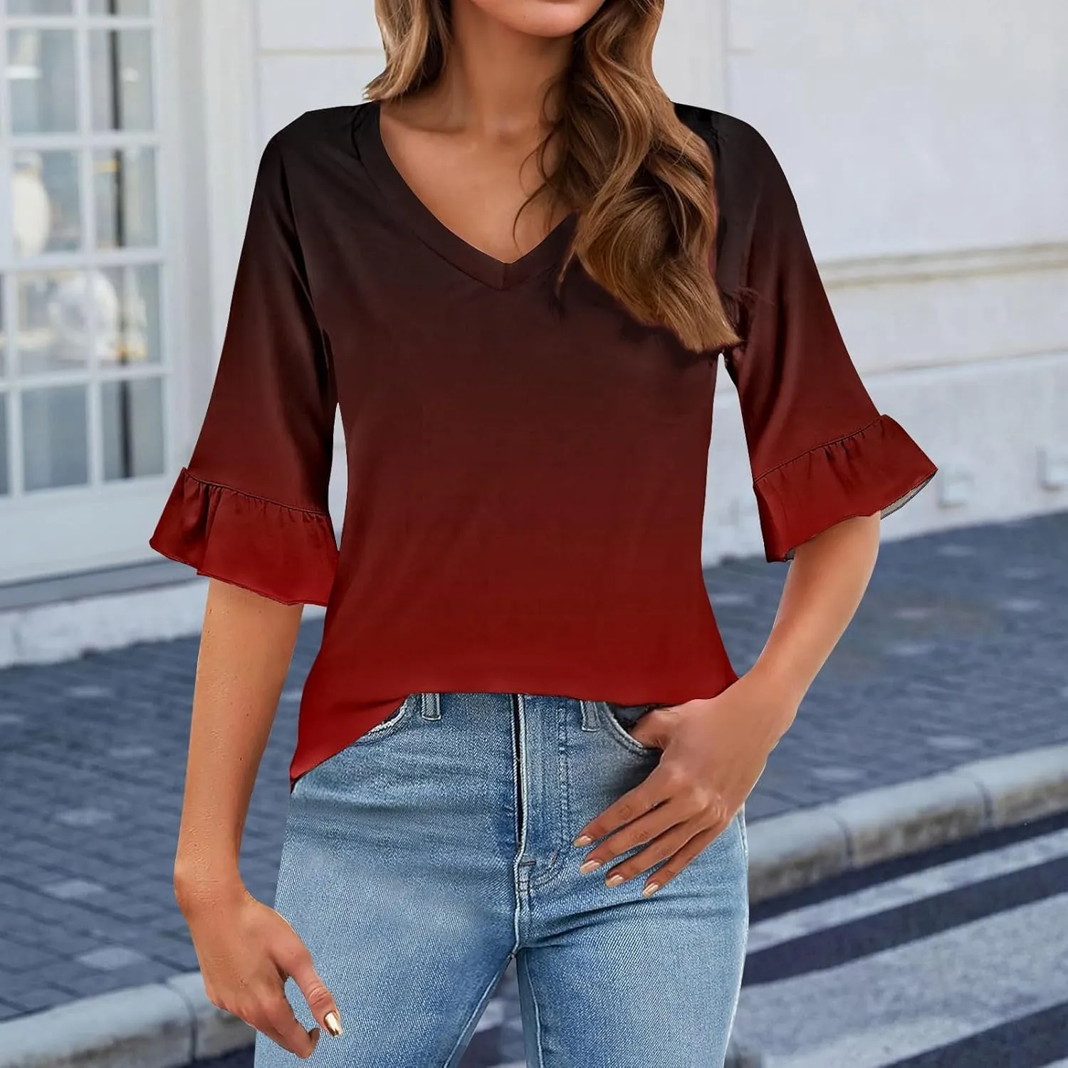 3/4 Sleeve Tops for Women Casual Ruffle V Neck T Shirts Three Quarter Length Work Blouses Dressy Tunic Tops